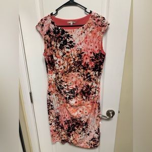 Flowered dress from dress barn- ruching over the tummy.